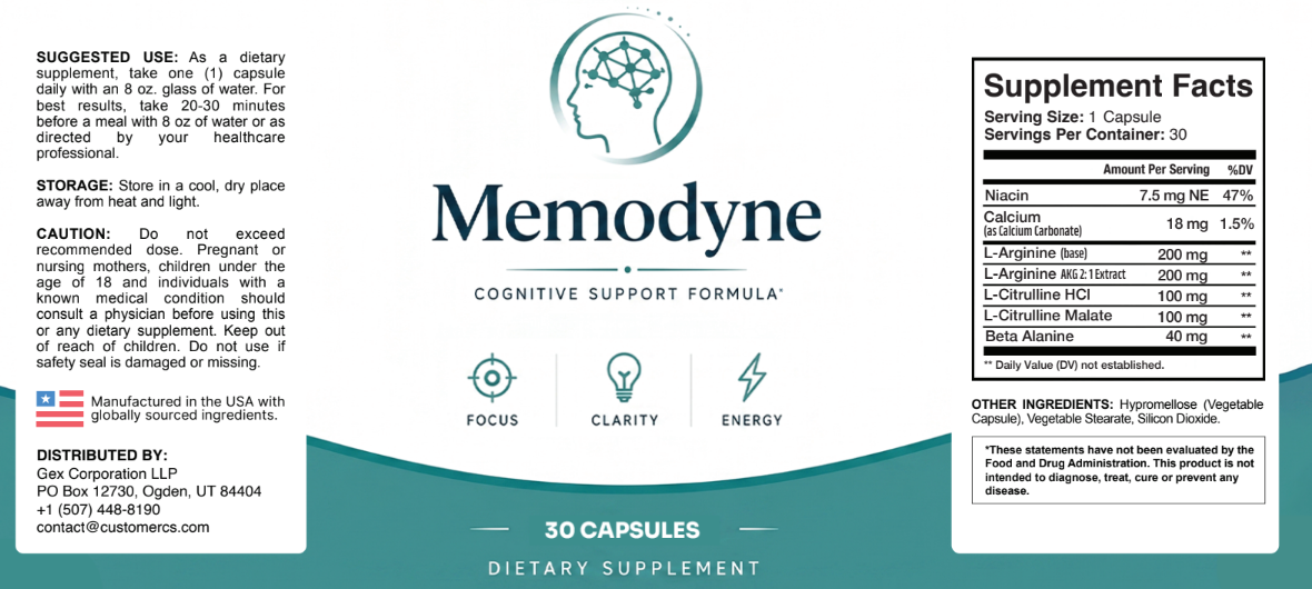 Memodyne Supplement Facts and Ingredients Label